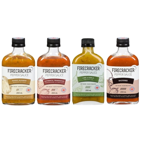 Firecracker Pepper Sauce Coffret-cadeau, Collection Signature Ultime - Comprend Mango Madness 200 ml, Authentic Trinidadian 200 ml, Lime & Garlic 200 ml et Bazodee 200 ml
