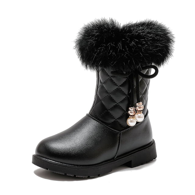 Hjtefg Girls Winter Boots with Bow - Platform Sole Side Zip Snow Booties for Kids, Warm Comfy Solid Color Boots for Cold Weather,Color: 2-Black Size: 9.5-10 Years