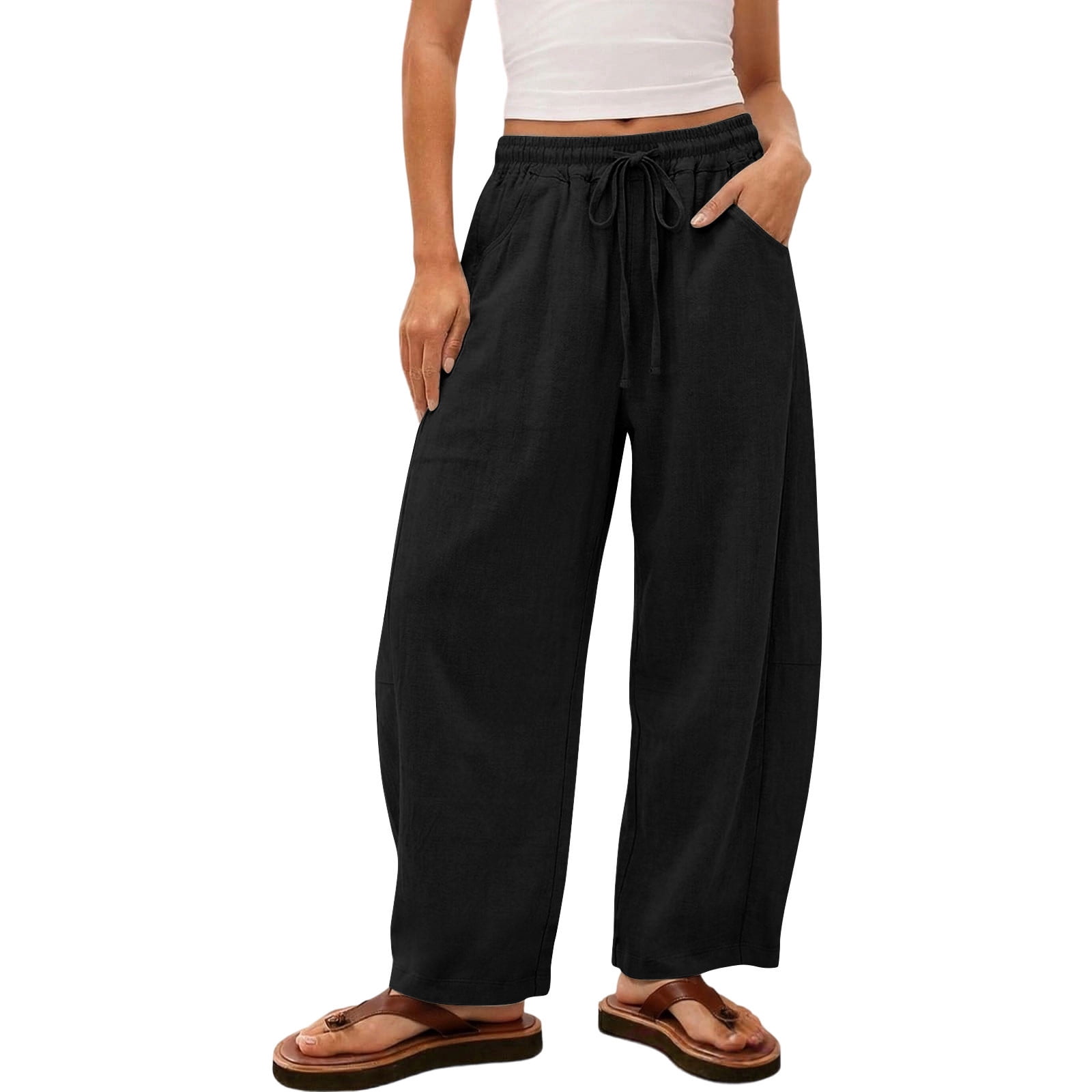 Nfurl Pants for Women Trendy Summer Wide Leg Linen Pants with
