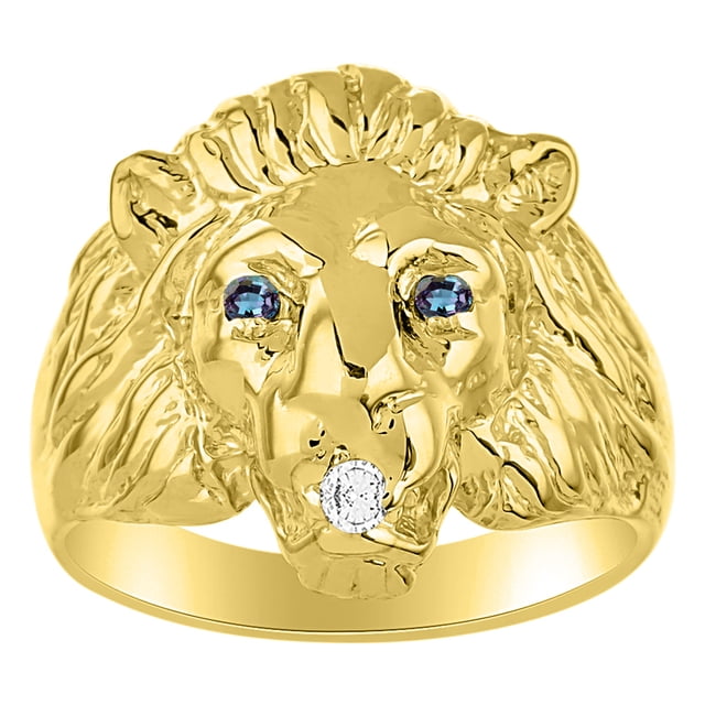 RYLOS Lion Head Ring with Gemstone Eyes & Diamond Mouth – Fun Designer Rings in Yellow Gold Plated Silver Alexandrite Size 9