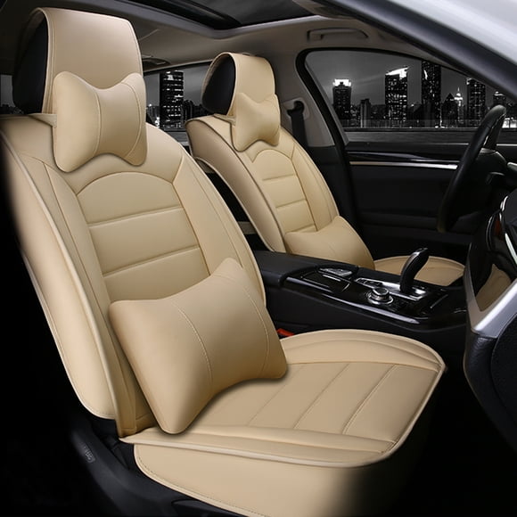 Leadwolf Car Seat Covers Leather Full Set for Honda for Civic 2005-2011 5 Seats Compatible Airbag Leather Waterproof Front Rear Cushion Protector Full Set with Pillow Beige