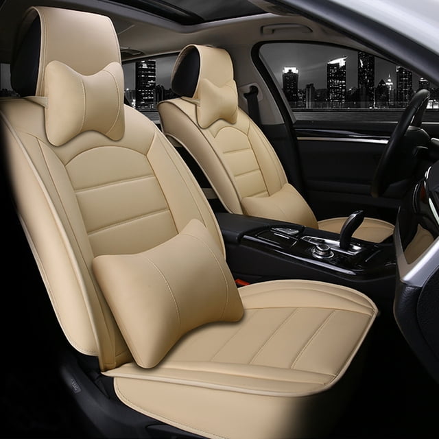 Maidao Car Seat Covers Leather Full Set for BMW for X1 2017-Present 5 Seats Compatible Airbag Leather Waterproof Front Rear Cushion Protector Full Set with Pillow Beige