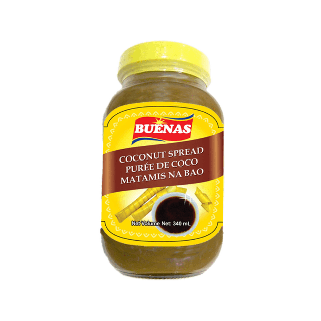 Buenas Filipino Tartinade Sucrée à la Noix de Coco 340 g dans un Pot Transparent avec Couvercle Jaune et Étiquette, Présentant le Nom du Produit en Anglais et en Français, un minatamis Épais et Sirupeux na bao Fait à Partir de Crème de Noix de Coco et de Sucre, Idéal pour Garnitures de toast, Pain Ou dessert.