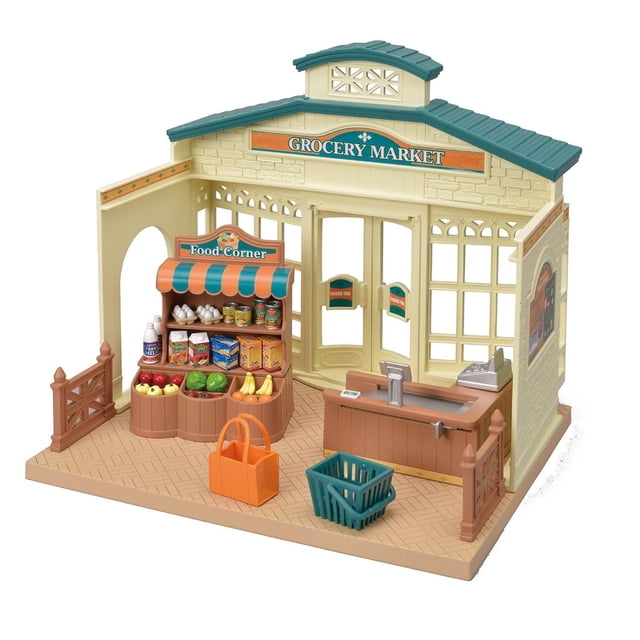 Calico Critters Grocery Market dollhouse playset with teal roof and beige walls featuring a miniature grocery store interior. Includes a food corner stand with fruits, vegetables, canned goods, and milk, plus a checkout counter with cash register and working conveyor belt. Comes with an orange shopping bag and two green shopping baskets on a herringbone floor, suitable for imaginative pretend play and connecting to other Calico Critters sets.