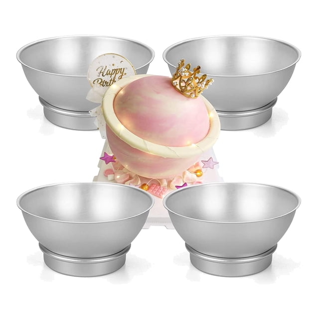 4Pcs/Set Round 3D Ball Shaped Cake Tin Aluminum Cake Pan set with four silver hemispherical molds made of lightweight aluminum alloy. Perfect for baking cakes, puddings, pastries, cheesecakes, and freeze desserts. Includes two half-circle molds and two pallet molds, shown with a decorated spherical cake centerpiece. Suitable for creating 3D cake designs and other baked goods.