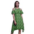 thumbnail image 1 of Bimba Robe Midi à Épaules Dénudées pour Femmes, Tunique Évasée à Imprimé de Feuilles Vertes, Manches Volantées - X-Small, 1 of 6