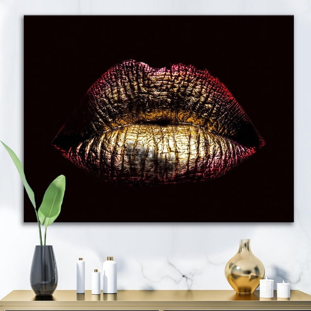 Designart Sexy Golden Metallized Female Lips IV Canvas Wall Art depicting a centered close-up of metallic gold and red textured lips on a black background, gallery-wrapped on premium cotton canvas, ready to hang and suitable for modern home décor.