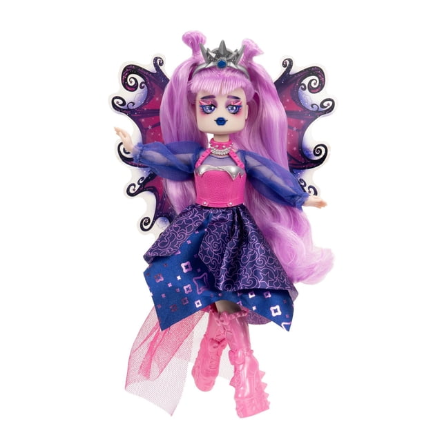 Royale High 9” Fashion Dolls – Avrilla the Dark Fairy doll with long pink hair styled in twin buns, wearing a silver crown with a blue gem, pink and silver bodice, sheer blue puffed sleeves, and a layered dark blue skirt with pink geometric patterns. The doll has translucent dark purple fairy wings with pink and white accents and pink high-heeled boots with textured details, ideal for imaginative play and collectible display.