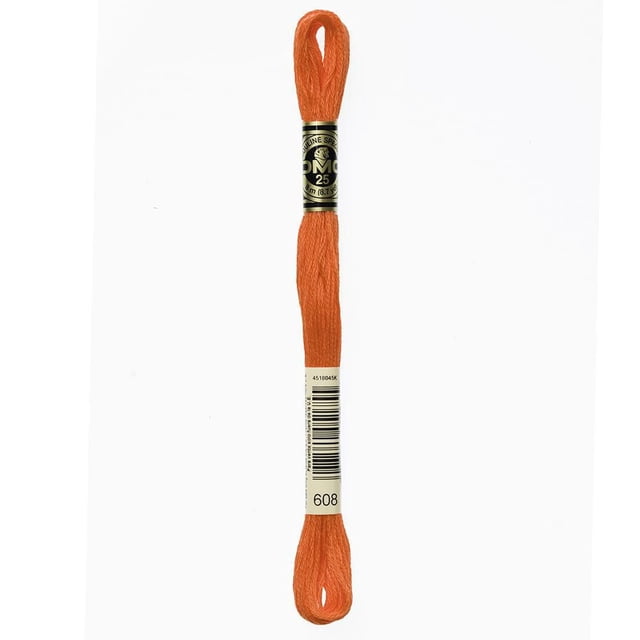 DMC Orange Cotton 6 Strand Floss 8m in vibrant orange, made from 100% long staple Egyptian cotton with double mercerized sheen, featuring 6 easily separated strands and wrapped in a black and gold label with barcode, ideal for embroidery, cross-stitch, and scrapbooking.