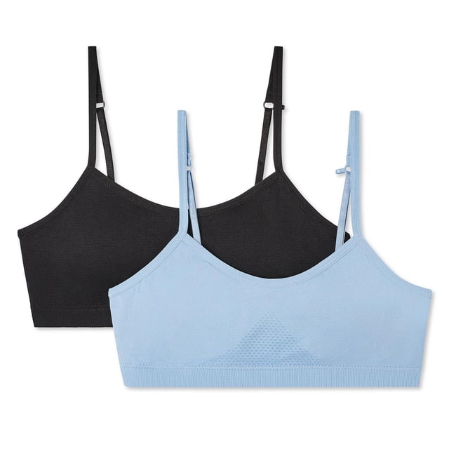 George Soutiens-Gorges Légers pour Filles, Lot de 2, Incluant une Soutien-Gorge Léger Noire et une Bleu Pâle avec Encolure Dégagée, Bonnets Amovibles, Bandes Élastiquées et Bretelles spaghetti Convertibles Qui Passent du style Épaule au style Dos Nageur, Fabriqués en Mélange de nylon, spandex et polyester Offrant un Soutien Léger et une Couverture, Convient Aussi pour Superposer sous des Hauts Décontractés.