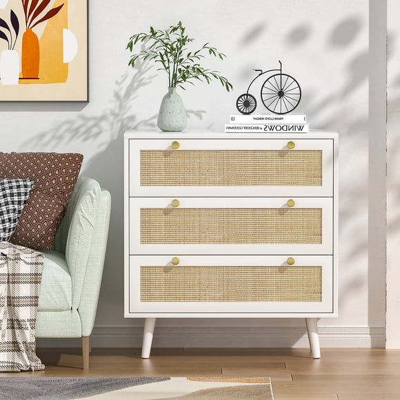 Eumyviv 3 Drawer Rectangle Dressers Chest,Rustic Rattan Dresser Storage Cabinet White Bedside Table for Bedroom, Living Room,H0072