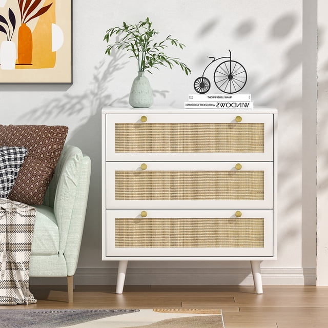 Eumyviv Commode Rectangulaire à 3 Tiroirs, Armoire de Rangement Rustique en Rotin Table de Chevet Blanche pour Chambre, Salon, H0072