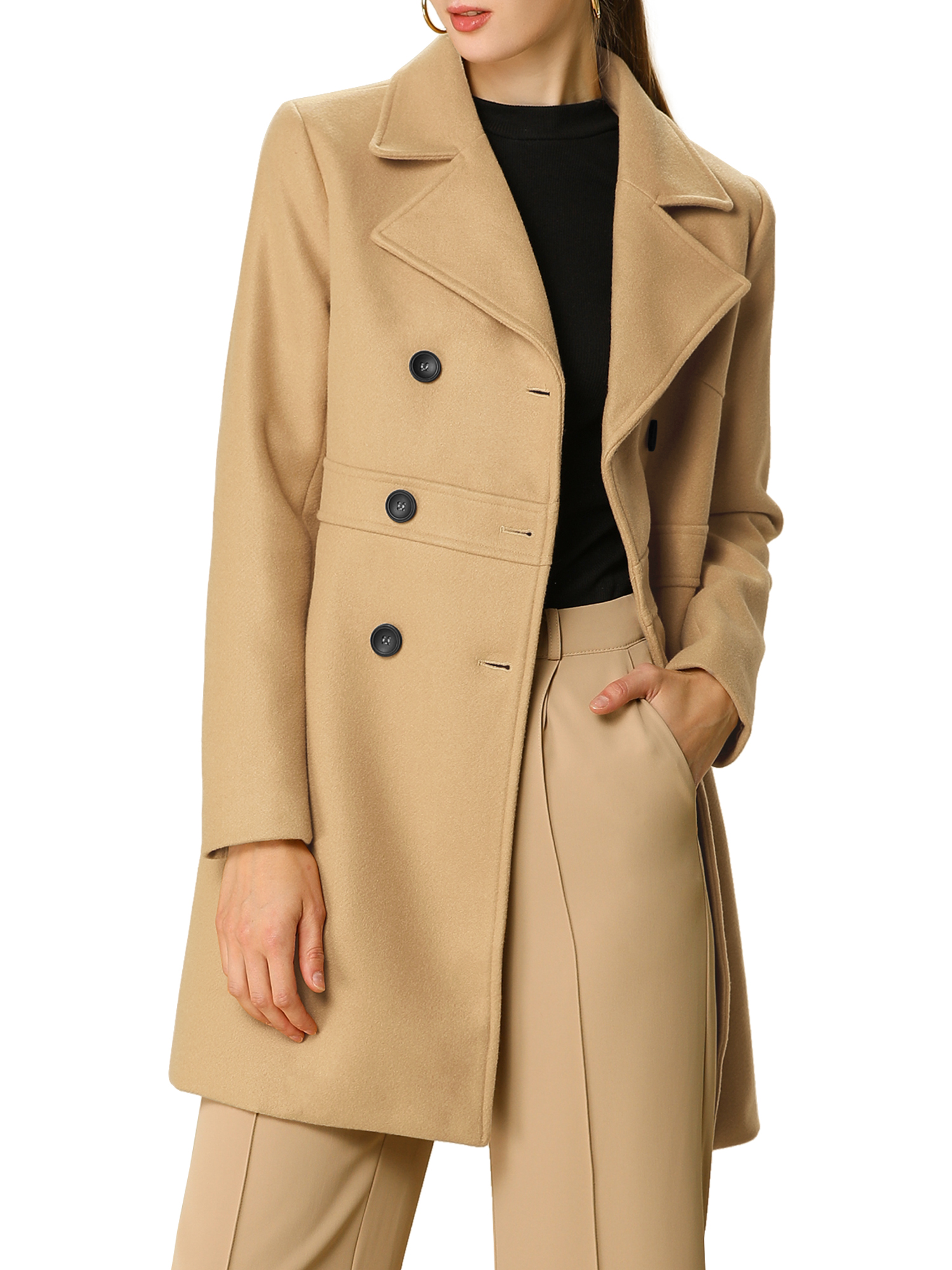 INSPIRE CHIC Women's Notched Lapel Double Breasted Mid Length Overcoat