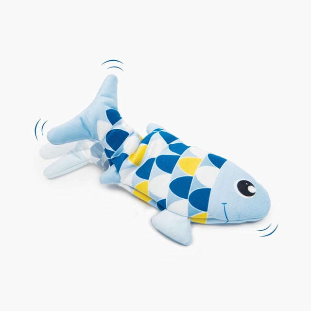 Catit Groovy Fish, motion activated cat toy shaped like a fish with blue, white, and yellow scale pattern fabric, light blue fins and tail shown flopping with motion lines on a white background, USB-C rechargeable and includes catnip for interactive cat play