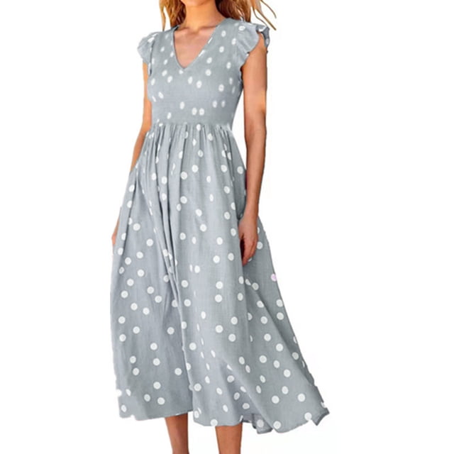 Robes Décontractées pour Femmes à Col en V à Pois, à Volants, Sans Manches, Robe d'Été Plissée Fluide pour la Plage et les Vacances, Longue Robe Grise. Cette Robe Élégante Présente une Encolure en V, des Manches à Volants et un design Plissé Fluide avec des Pois Blancs, Idéale pour les Sorties d'Été, les Vacances à la Plage Ou comme Tenue d'Invitée de Mariage.