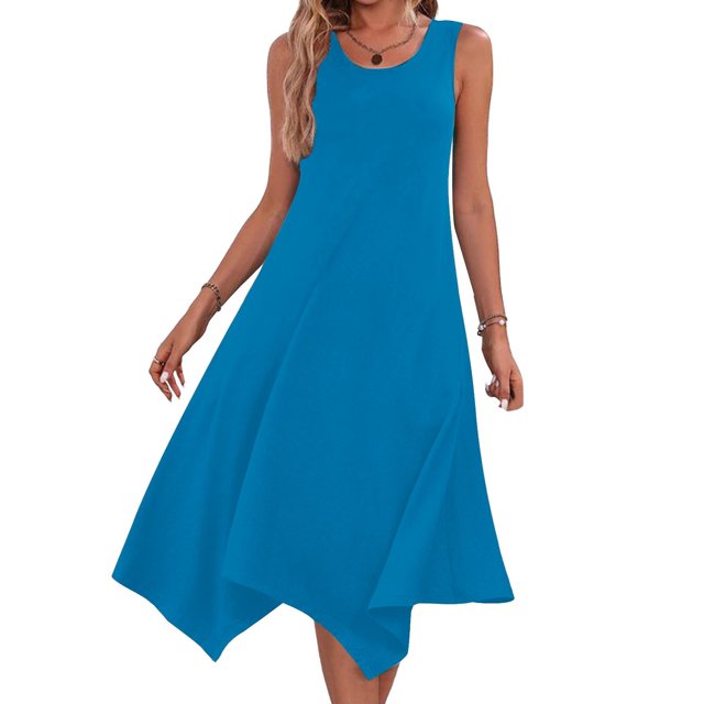 Ovzne Robes pour Femmes Robe pour Femme Robes pour Femmes Sans Manches Col Rond à Cordon Décontractée à Volants Robe Trapèze Courte Robe de Vacances Liquidation