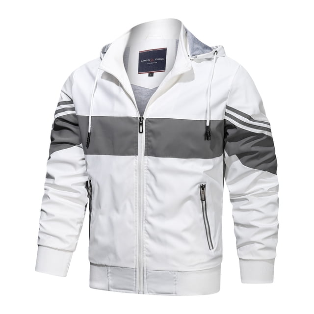 Qertyioot Men's Contrasting Color Hooded Zipper Casual Warm Windproof Pocket Motorcycle Jacket