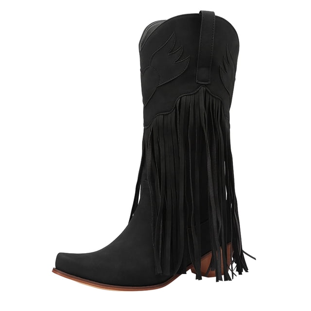 Kcodviy Womens Boots Comfortable Pull Women's Mid on Chunky Heel Pointed Women's Mid Toe Fringed Boots Western Women's Mid Knee High Boots Mid Women's Mid Boots