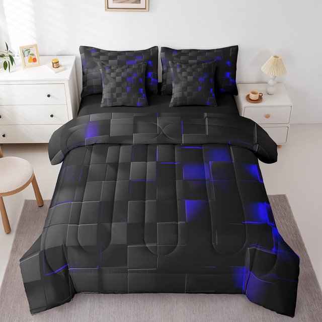 YST 7 Piece Geometry Bed in a Bag, King Size, 100% Polyester, Blue Purple Square Pattern