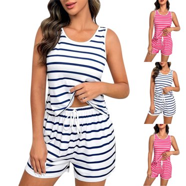 Bovxnpu Womens Pajamas Set,Casual Sleepwear Pjs Loungewear Sets,Women's Casual Homewear Sleeveless Round-Neck Shorts Color Night Pajamas Suits