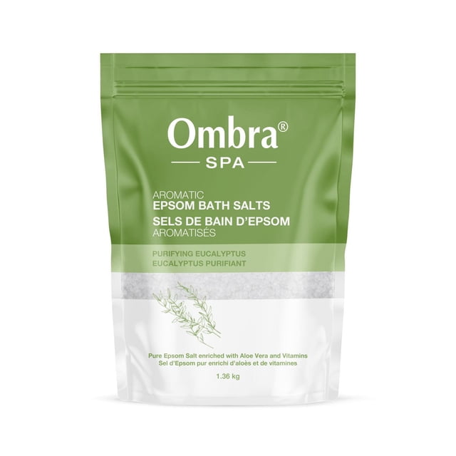 Ombra SPA Aromatic Epsom Bath Salts Purifying Eucalyptus in a resealable green and white pouch, 1.36 kg, mineral-rich and spa inspired for well-being at home, enriched with aloe vera and vitamins for soothing and purifying baths.