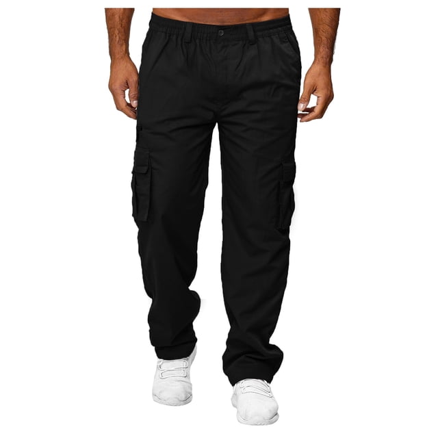 Men's black cargo pants with a relaxed fit, featuring multiple pockets with button or zipper closures for secure storage of items like cell phones, wallets, and keys. Made of durable polyester material, suitable for casual wear, outdoor activities, and training. Designed for all-season use.