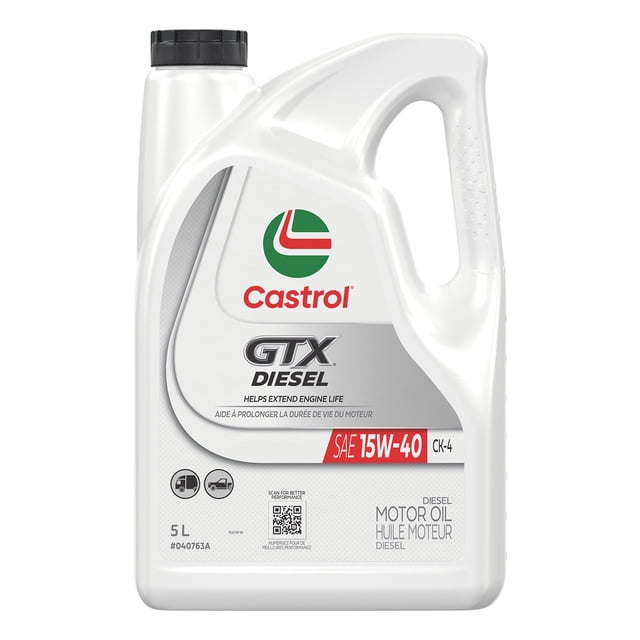 Castrol GTX Diesel 15W40 – 5 Litre white plastic container with black cap, labeled SAE 15W-40 diesel motor oil that protects engines from wear and deposits, suitable for mixed fleet trucks and cars, helping extend engine life under severe conditions.
