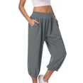 thumbnail image 1 of Timegard Womens Capri Pants Elastic High Waist Button Comfy Solid Color Casual Crop Pants with Pockets, 1 of 7