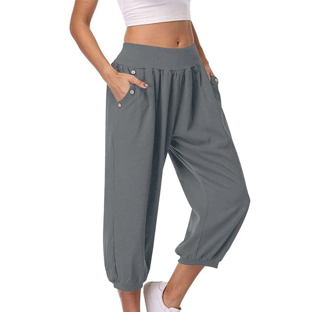 Timegard Womens Capri Pants Elastic High Waist Button Comfy Solid Color Casual Crop Pants with Pockets