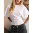 thumbnail image 3 of T-shirts pour Femmes à Col Rond, Taille Resserrée, T-Shirt Décontracté à Manches Courtes, Hauts d'Entraînement, Couleur Unie, T-Shirts Basiques, Blanc G, 3 of 5