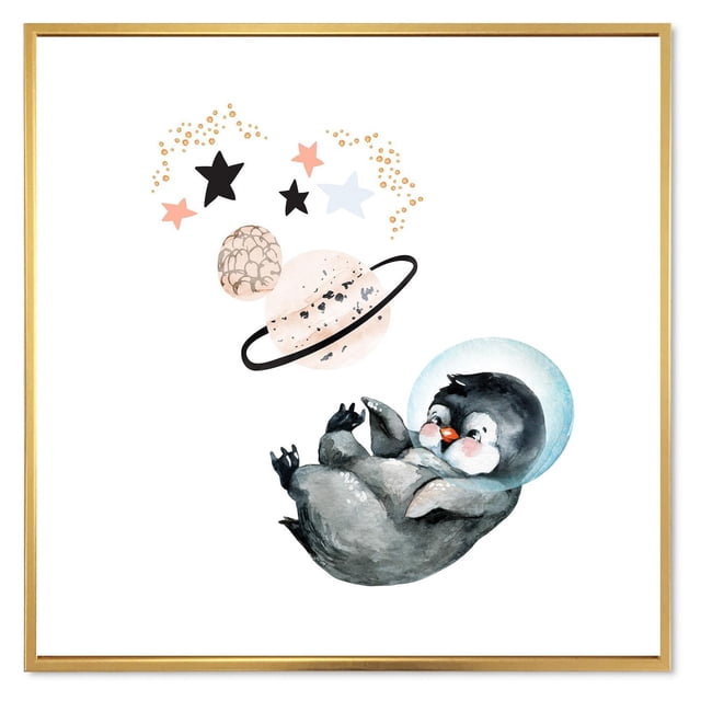 Designart Petit Pingouin avec Étoiles et Planètes I FLOAT Cadre Mural ART Représentant un Bébé Pingouin Gris Aquarelle Centré Portant un Casque Spatial transparent Flottant Près de Planètes et d'Étoiles Stylisées, Imprimé sur Toile de Coton de Qualité Supérieure – Enveloppé dans un sous-Cadre en Bois de 1 Po à l'Intérieur d'Un Cadre Flottant en Bois Clair, Prêt à Accrocher pour la Déco de la Maison.