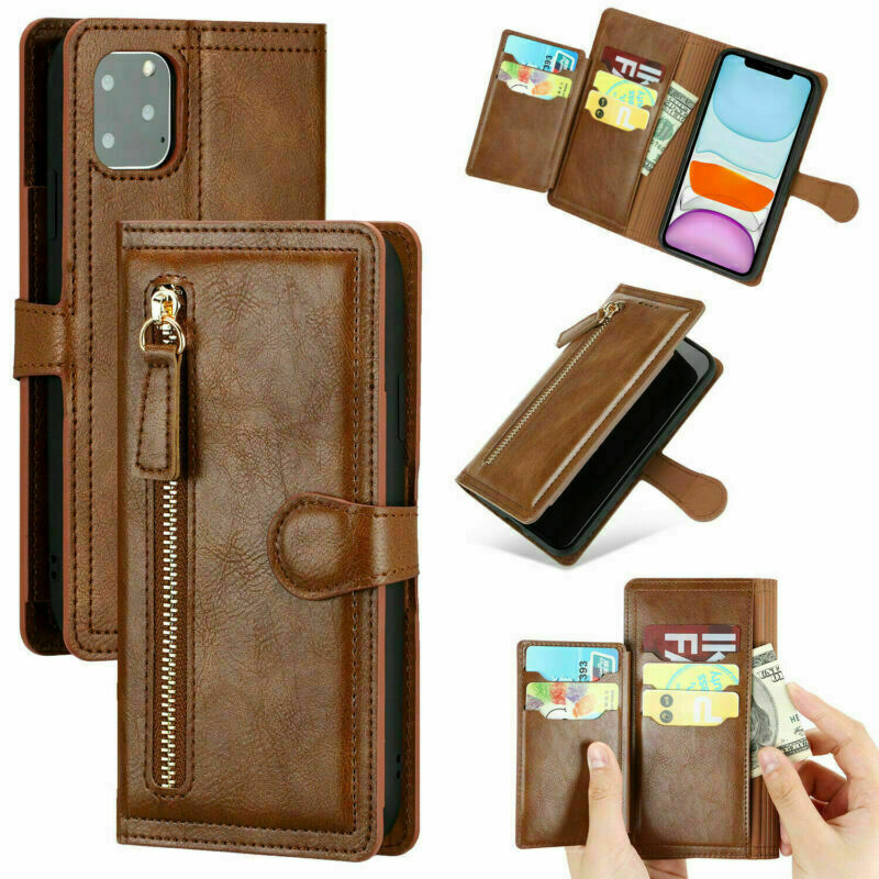 Kelvin Leather Flip Zipper Magnetic Wallet Phone Case Card Holder For iPhone 13 (Brown)