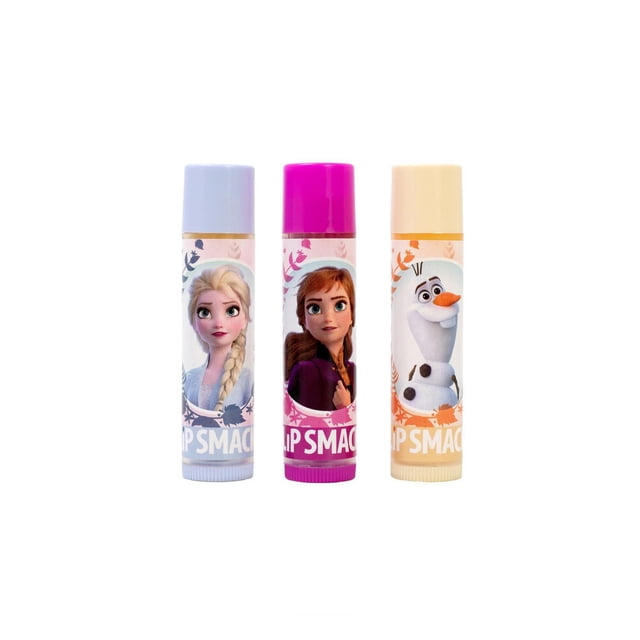 Lipsmacker Frozen II Trio de Baumes à Lèvres avec Trois tubes de Baume à Lèvres Mettant en Vedette La Reine des Neiges de Disney 2 Personnages Elsa sur un tube Bleu Pâle, Anna sur un tube Rose Vif et Olaf sur un tube Crème, Chacun Décoré d'Accentations Florales à Thème et de Saveurs Riches en Hydratation, Idéal pour des Ensembles-Cadeaux Beauté pour Enfants.