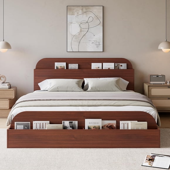 Queen Size Bed Frame, Wooden Beds with Storage Headboard and Raised-Foodboard, Queen-Floor Low Platform Bed for Bedroom, Sturdy Wooden Slats Support, No Box Spring Needed, Espresso