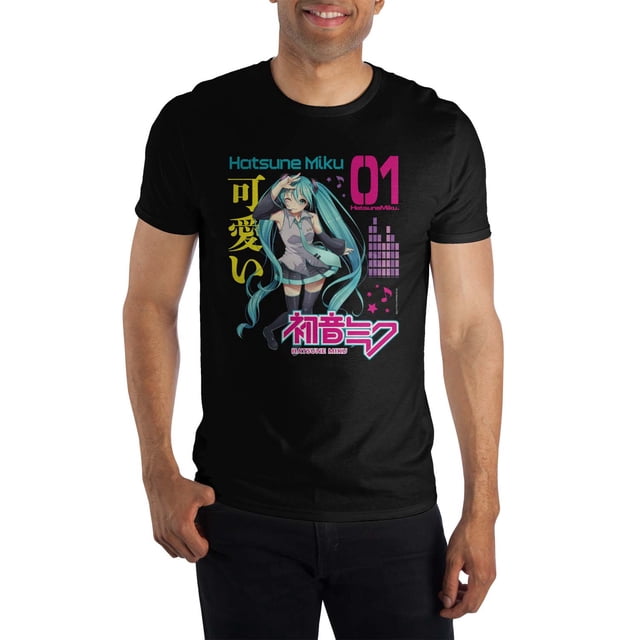 Hatsune Miku Musique Kanji T-Shirt Noir pour Adulte Présentant un design vibrant de la Populaire vocaloid Hatsune Miku avec des Queues Jumelles Sarcelle, des Symboles Musicaux et des Écritures Kanji à l'Avant. Fabriqué en Coton 100 % Léger pour la Respirabilité et le Confort, Ce Vêtement sous Licence Officielle Bioworld Est Montré dans une Vue Orientée vers l'Avant Porté par un Modèle. Idéal pour les fans et les Collectionneurs, le T-Shirt Est Lavable à la machine et Convient aux