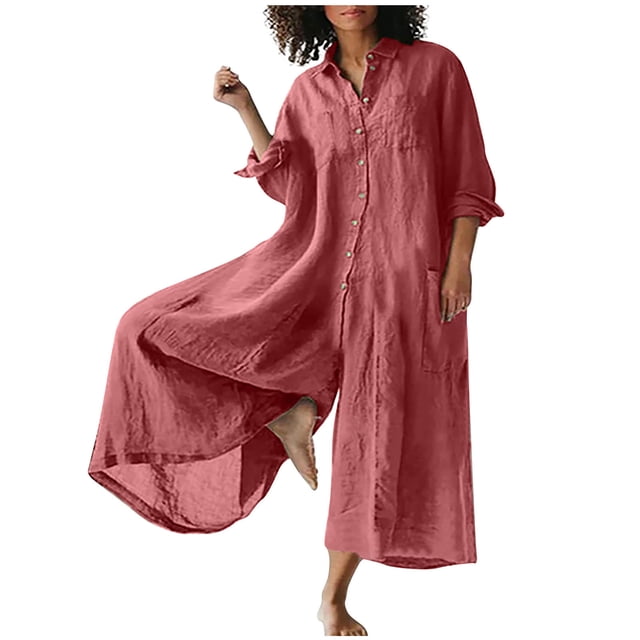 Yuyuzo Linen Jumpsuits for Women Plus Size Short Sleeve V Neck Rompers Button down Dressy Casual Outfit