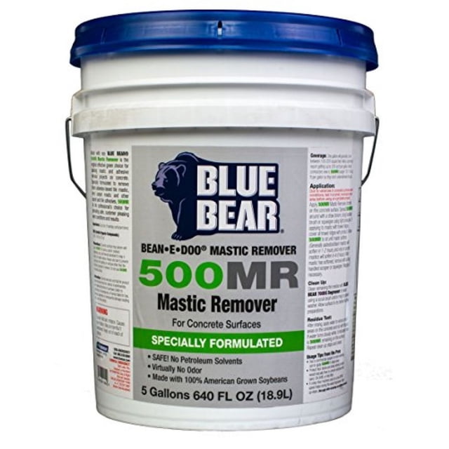 Détachant de Mastic Bean-e-doo par Franmar Chemical dans un Contenant de 5 Gallons, de Marque Blue Bear. l'Étiquette Met en Valeur Son Utilisation pour Enlever les Adhésifs de Mastic des surfaces en Béton. Fait de 100 % de Soya Cultivé aux É.-U., Il Est Biodégradable, Compatible avec les Sites d'Enfouissement et Pratiquement Sans Odeur. le Contenant Présente un Couvercle Bleu et des instructions d'Utilisation Détaillées sur le Côté.