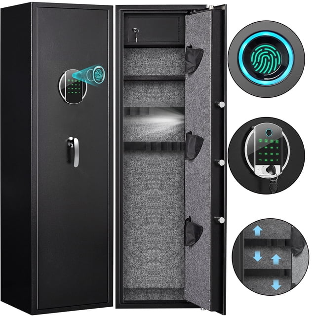 Kavey Coffre-Fort pour 5-6 Pistolets, Coffre-Fort pour Pistolets Longs à Empreinte Digitale Biométrique, Armoire de Rangement pour Pistolets avec Système d'Alarme, Fonction Silencieuse, Clavier Rétroéclairé et Armoire Intérieure - Coffre-Fort pour Pistolets Longs Orienté vers l'Avant avec Pavé Biométrique à Empreinte Digitale et Clavier Rétroéclairé, Lumière Intérieure à DEL, Intérieur Doublé de Velours avec Supports de Baril en Mousse Souple, Tablette Amovible, Armoire Intérieure et Trois Pochettes pour Pistolets; Range 3–5 Fusils jusqu'à