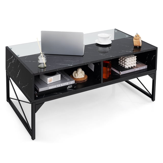 Gymax High-gloss LED Coffee Table with faux marble and tempered glass top in black, featuring a split-top design with four storage cubes. The table includes customizable LED lighting with 20 static colors, 22 dynamic modes, and adjustable brightness and speed, controlled via remote. Made of engineered wood, metal, and tempered glass, it measures 41.5 inches long, 21.5 inches wide, and 19.5 inches high. The table has a weight capacity of 440 lbs and raised support legs for easy cleaning. Ideal for living rooms, lounges, or lobbies.