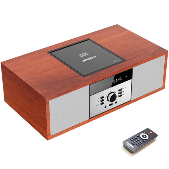 Système Stéréo Bluetooth Nostalgique pour la Maison, WISCENT Systèmes Micro Hi-Fi Vintage Lecteur CD, avec Diffusion Audio Bluetooth, Radio FM, Port USB, Entrée AUX, Port pour Écouteurs (Brun)
