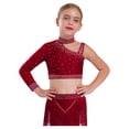 thumbnail image 3 of Manyakai Kids Girls Shiny Rhinestone Jazz Latin Modern Lyrical Dance Crop Tops Irregular Shoulder Burgundy 8, 3 of 7