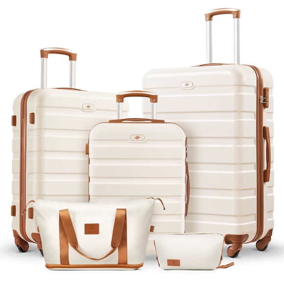 5 Pcs Ensembles de Bagages de Voyage, Valise Cabine et Valise Enregistrée 20 24 28 Pouces avec Sacs de Sport Extensibles, Blanc Beige