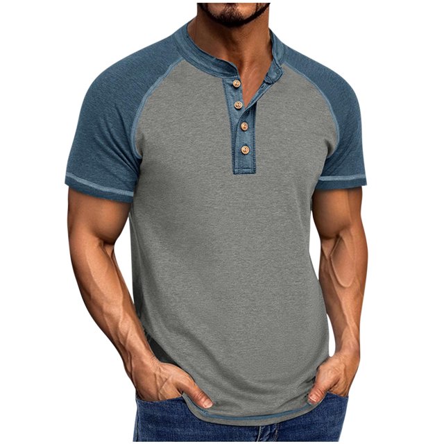 CHGBMOK Mens Shirts Solid Color Buttons Outdoors Breathable Short Sleeve Round Neck Collar Blouse Sizes S-2XL