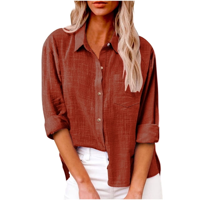 Timegard Chemises à Manches Longues pour Femmes Grande Taille en Coton et Lin Hauts Légers Automne Décontracté Blouse Ample