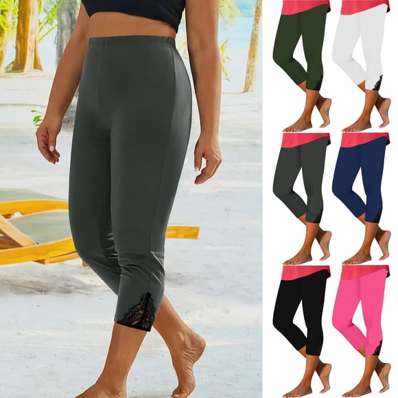 Aboser Women's Capri Leggings with Tummy Control Capris High Waist Breathable Cropped Pants Trendy Lace Hem Pants Slim Fit Workout Yoga Leggings