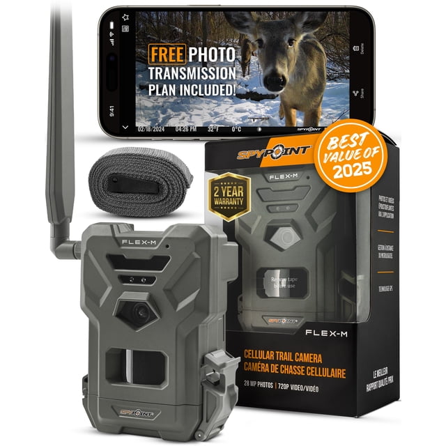 Spypoint FLEX-M Cellular Trail Camera in grey, equipped with GPS, night vision, and IP65 water resistance. Captures 28MP photos and 720p video with sound. Features four modes: photo, video, time-lapse, and time-lapse+, with Constant Capture technology for simultaneous image capture and transmission. Shown with its packaging, a strap, and a smartphone displaying the SPYPOINT app interface with a deer image and 'Free Photo Transmission Plan Included' text.