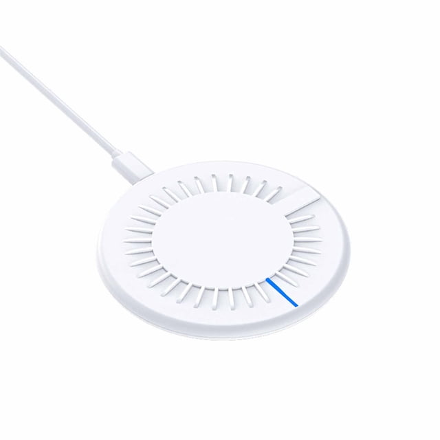 Phone Charger Battery Pack Portable Wireless Charger Fast Wireless Charging Pad Station-Certified Wireless Max 15W Charging for Smart Phones. A white, circular wireless charging pad with a sleek design, featuring radial grooves for heat dissipation and a blue LED indicator. Made of PVC material, it supports fast wireless charging with output power options of 15W, 10W, 7.5W, and 5W. Compatible with smartphones and small devices like Bluetooth headsets, it includes intelligent temperature control and a sensing distance of 5mm. Comes with a Type-C interface, a data cable, and a user manual.