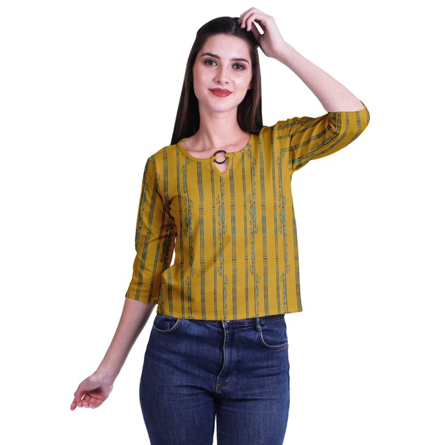 Moomaya Printed Keyhole Neck Ring Top Casual 3/4th Sleeve Tees Tank Tunic Top