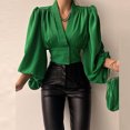 thumbnail image 3 of CEHVOM Women Spring Casual Solid V Neck Lantern Long Sleeve Buttons Pullover Blouse Shirt Draw Back Short Tops, 3 of 5
