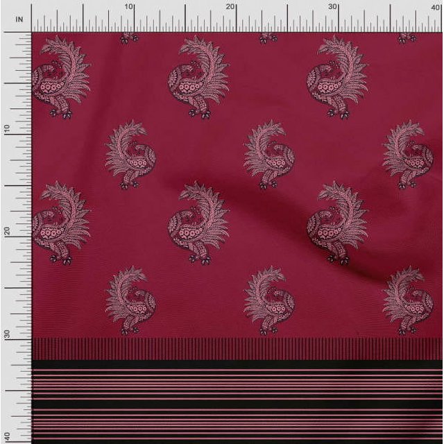 Soimoi Poly Crepe Fabric Stripe & Peacock Panel Printed Fabric 1 Yard 52 Inch Wide